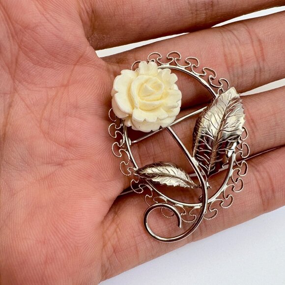 VTG Sterling Silver 925 Carved Shell Rose Flower Brooch Size 1.5" Length - Picture 1 of 8